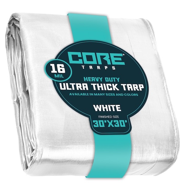 Core Tarps Heavy Duty Tarp, 30 ft x 0.5 mm H x 30 ft W, 16 Mil, White, Polyethylene CT-304-30X30 - main